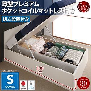 [組立設置付]フラットヘッド コンセント付 跳ね上げ収納ベッド [ムランテ] [薄型プレミアムポケットコイルマットレス付き] シングル 深さレギュラー [フレーム色]ナチュラル