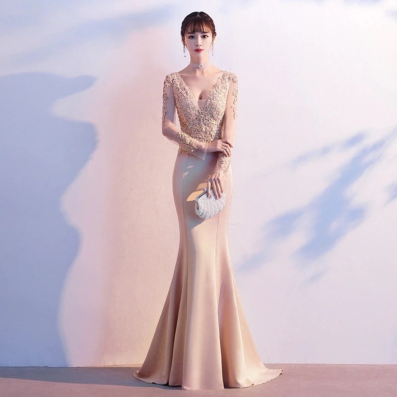 パーティードレス次総会ドレスフィッシュテールドレス2025しい長袖宴会イブニングドレス