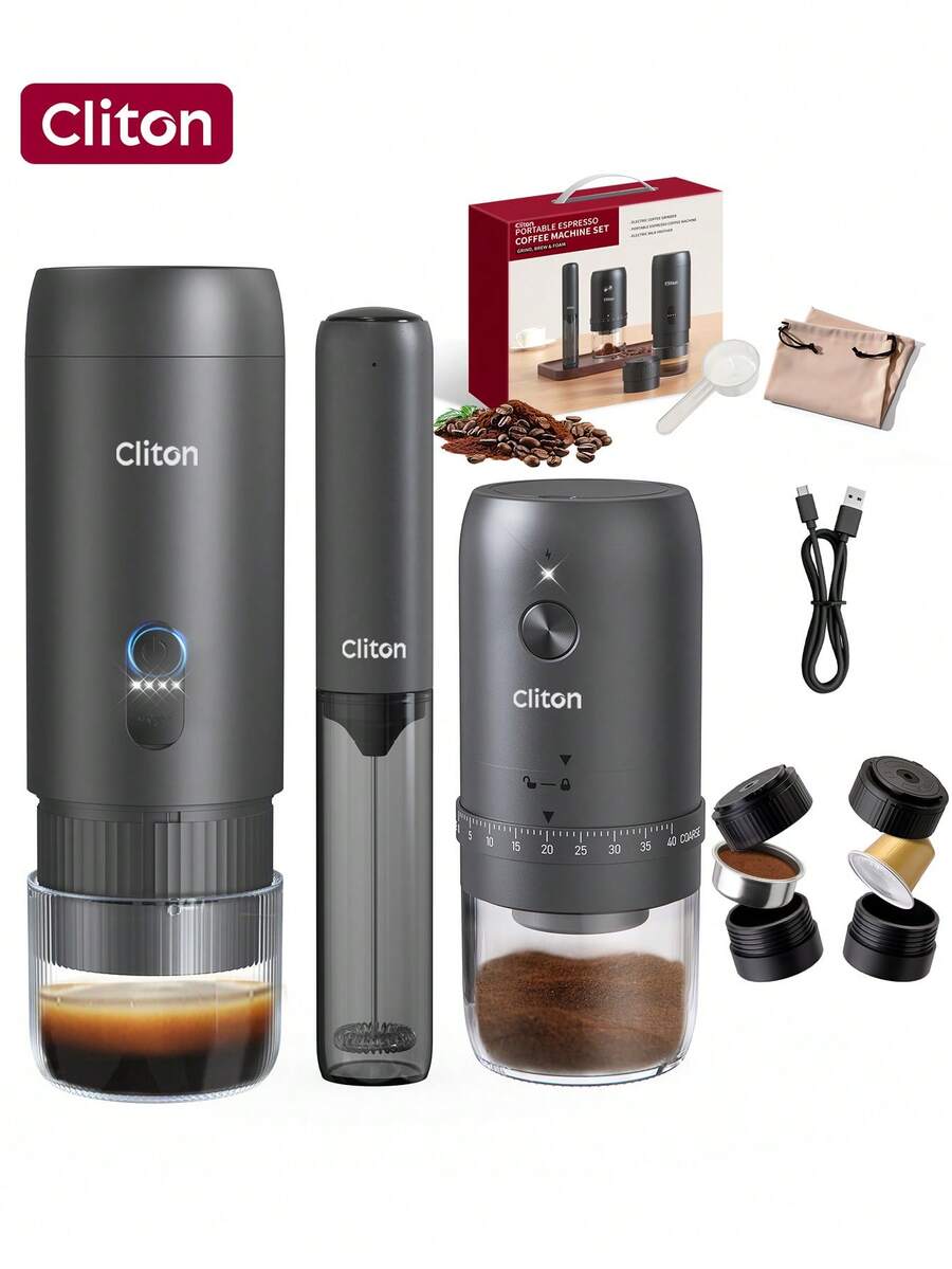 CLITON 3-in-1プレミアムポータブルコーヒーセット:充電式エスプレッソマシン+電動コーヒーグラインダー+ミルクフォーマー