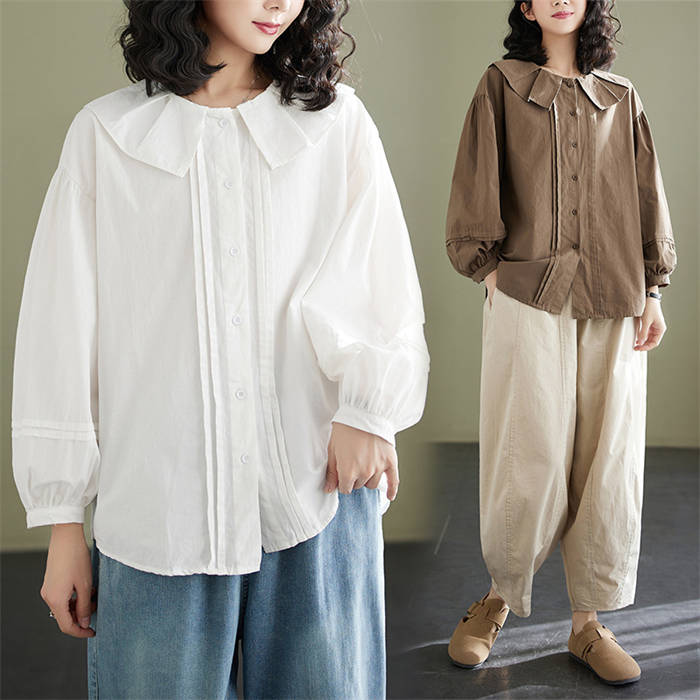 シャツ ブラウス レディース 長袖 コットン 春 無地 タック フリル シャツブラウス トップス カジュアル バンドカラー 大きいサイズ 体型カバー ナチュラル おしゃれ 通勤 春 オフィ
