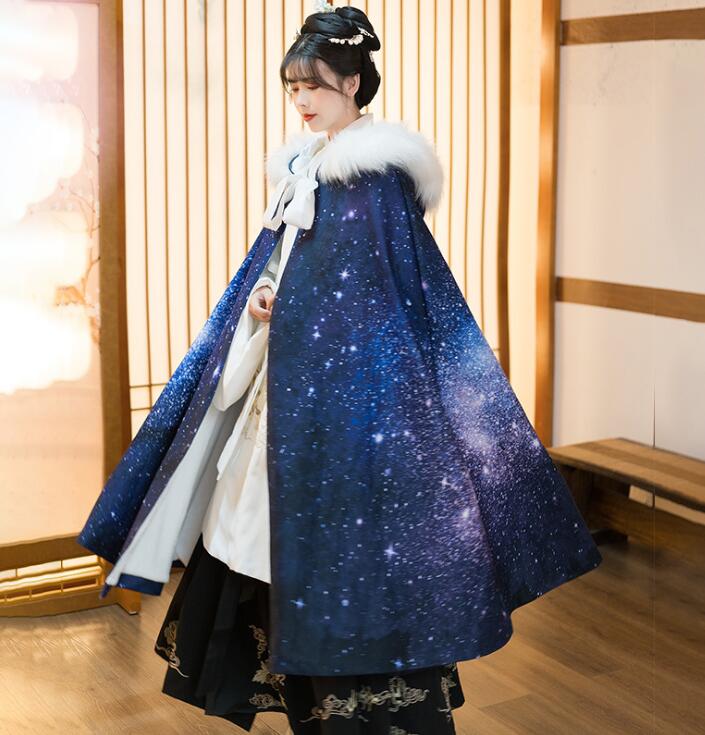 マント 漢服 レディース 中華服 唐装漢服 華流 コスプレ衣装 厚手マント チャイナ風コート ロング丈 中国古代美人服 星空元素 裏起毛コート イベント 学園祭 文化祭 撮影衣装 ファー付き