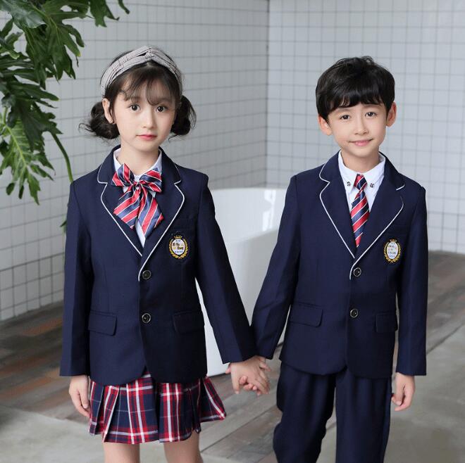 子供イギリス風男の子女の子ジュニアスーツ4点セットアップ　春秋冬　テーラードスーツジャケット　ロング丈パンツ　ワイシャツ　チェック柄スカート　幼稚園小中生制服　団体服　リボン　長袖　フォーマル　入学式