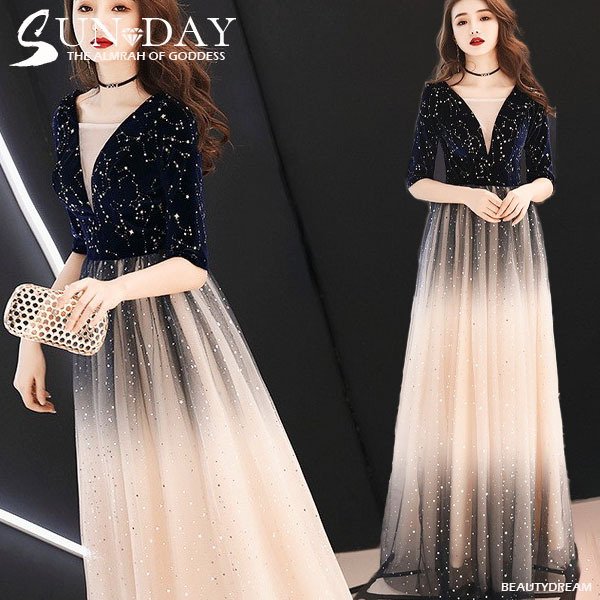 2021春パーティードレス 姫系 セクシーV襟 可愛い星柄 花嫁ロングドレス お呼ばれ 結婚式 誕生