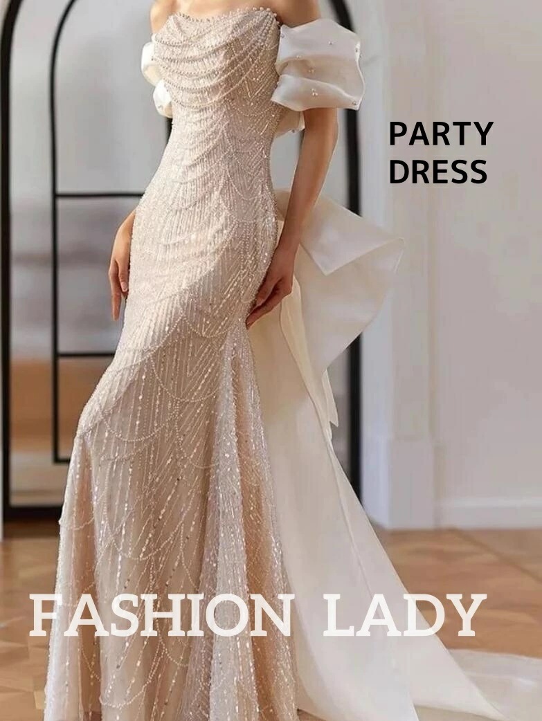 大人気 上品 高級感 ウエディングドレス レディース エレガント おしゃれ スパンコール ロングドレス 結婚式 パーティー 宴会 イブニング ベージュ 礼服 パール リボン 露背 編み上げ 着痩せ オ