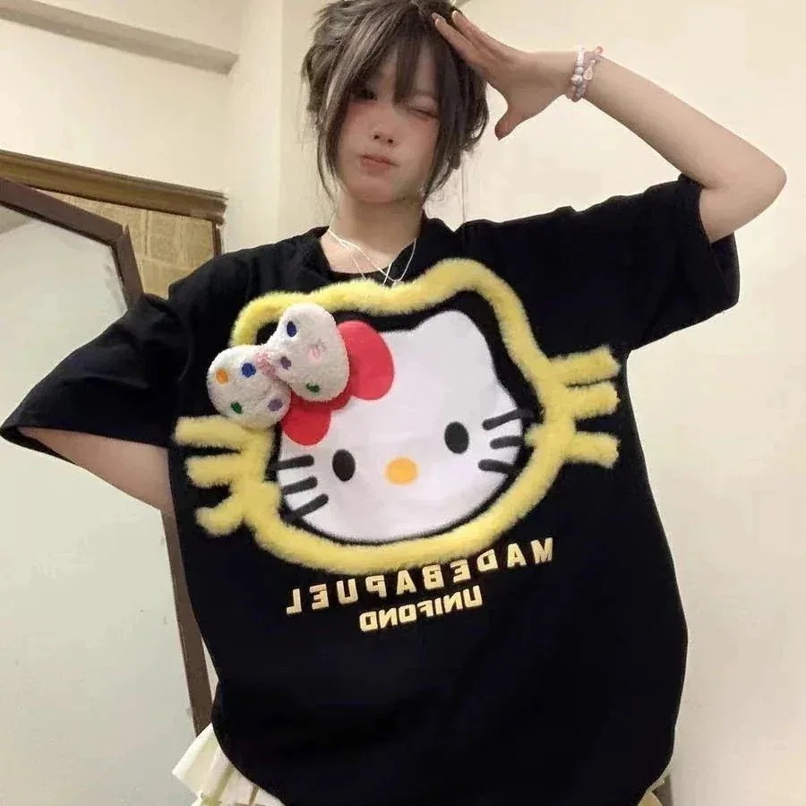 【メガ割】Lucky bagキティちゃん 3D 綿 Tシャツ 半袖 M-2XL 3Color レディースキャラクター 夏服 韓国ファッション大きいサイズtシャツ34Tシャツ・カットソー