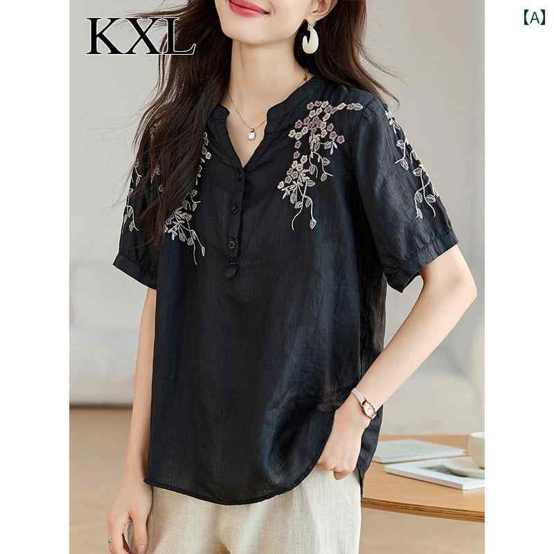 トップス レディース おしゃれ 上品 通勤 オフィス カジュアル 夏 刺繍 シック シャツ コットンリネン 美しい シャツ
