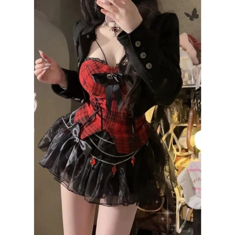 スパイスガールズセクシー女性用ビスチェトップス小香風コートハイウエストパフスカートスリーピースセットファッショントップス 2点セット 夏服レディース上着 半ズボン セットアップ 地雷