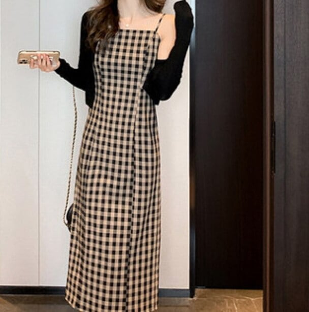 ワンピース デート かわいい 大人可愛い きれいめ シンプル カジュアル 大人 上品 おしゃれ カーディガン ショート丈 長袖 セット キャミソールワンピ チェック柄 ロング丈 ブラック 韓国 モテ