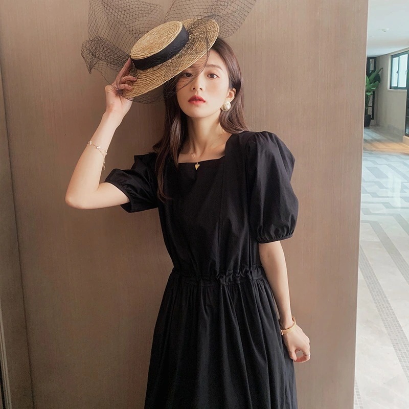 パフスリーブワンピース ワンピース フレアワンピース ワンピドレス ロング ロング丈 袖あり 半袖 パフスリーブ スクエアネック ウエストマーク ハイウエスト かわいい 大人可愛い きれいめ シンプル