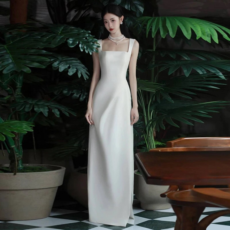 二次会ドレス ウェディングドレス キャミドレス 白 サテン ドレス 無地 結婚式ドレス 二次会 ロングドレス トレーンドレス ホワイト ウェディング ドレス ノースリーブ 海外挙式 撮影 XS S M