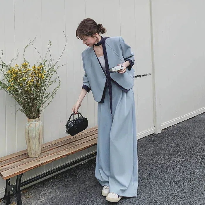【7 日以内に発送】パンツ セットアップ レディース カジュアル 2点セット ノーカラー ジャケット 配色 結婚式 ワイドパンツ Vネック ジャケット 大きいサイズ ビジネス 冠婚葬祭 通勤 入学式