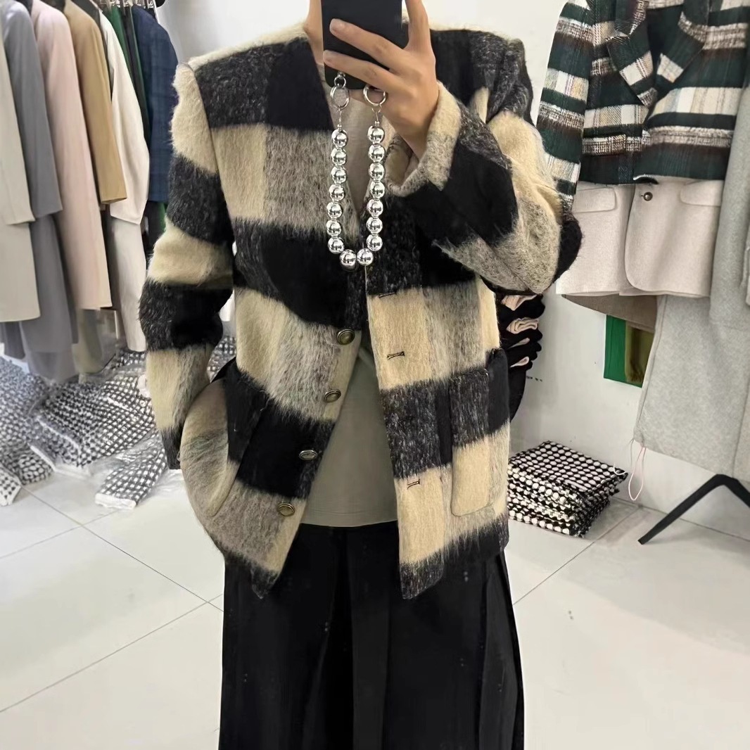 レディース冬チェック柄万能レディースショートファッションレトロスリム厚手スーツウールショートコート