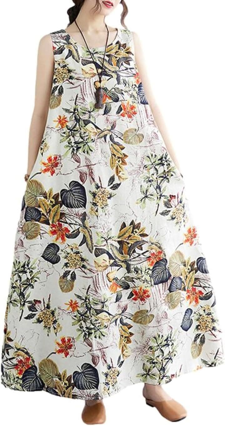 ワンピース レディース ロング ボタニカルプリント Aライン ノースリーブ リゾート リラックス 大人カジュアル 細身見え すてき 高見え 柄 お洒落 ヘルシー (オレンジ, L)