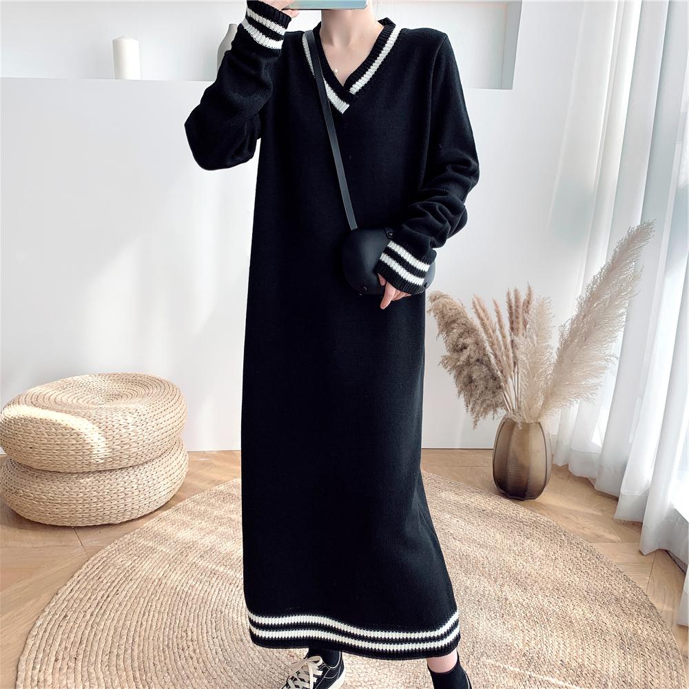 配色ラインニットワンピース Vネックニットワンピース セーター ニット ワンピース ドレス. 長袖 ロングワンピース レディース 可愛い お仕事コーデ ママコーデ ２カラー a4573