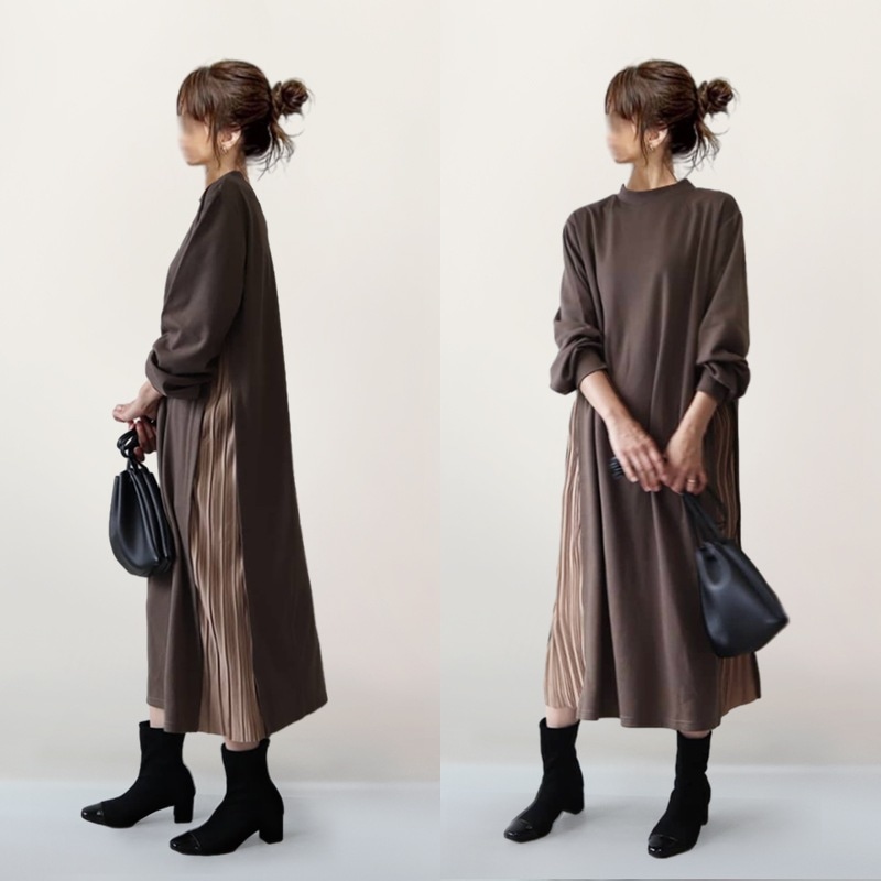 【高級感をかもし出す】 流行の予感 シンプル 長袖 配色 切り替え ラウンドネック プリーツ カジュアルワンピース レディース