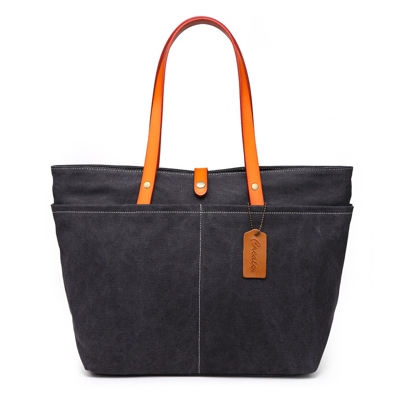 トートバッグ ショルダー 2WAY メンズ ビジネス ハンドメイド 帆布本革 旅行 小物入れ　ブラック色 ST070