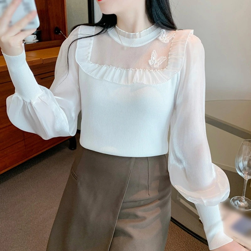 ニット+レース ニット トップス ブラウス レディース 秋冬 長袖 セーター インナー 秋 ニットソー フラワーレース 大人 上品 秋ニット パフスリーブ エレガント オフィス おしゃれ かわいい き