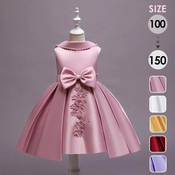 ピアノ発表会 ドレス 中学生 ワンピース 女の子 襟付き サテン キッズドレス ショートドレス ひざ丈 ガール 子供ドレス 袖なし ノースリーブ 演奏会 フラワーガ