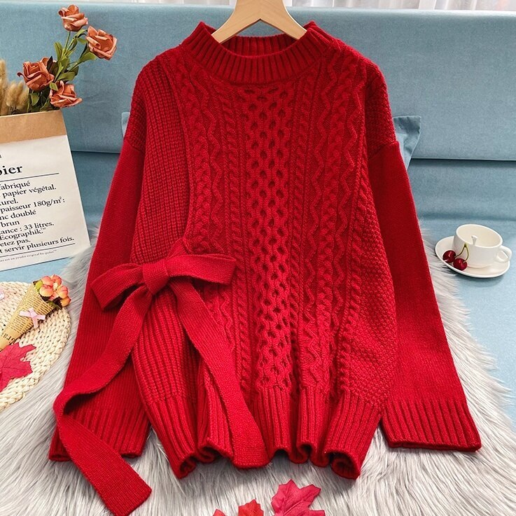 2color ニット セーター ケーブルニット プルオーバー リボン ハイネック かぎ針編み 編み