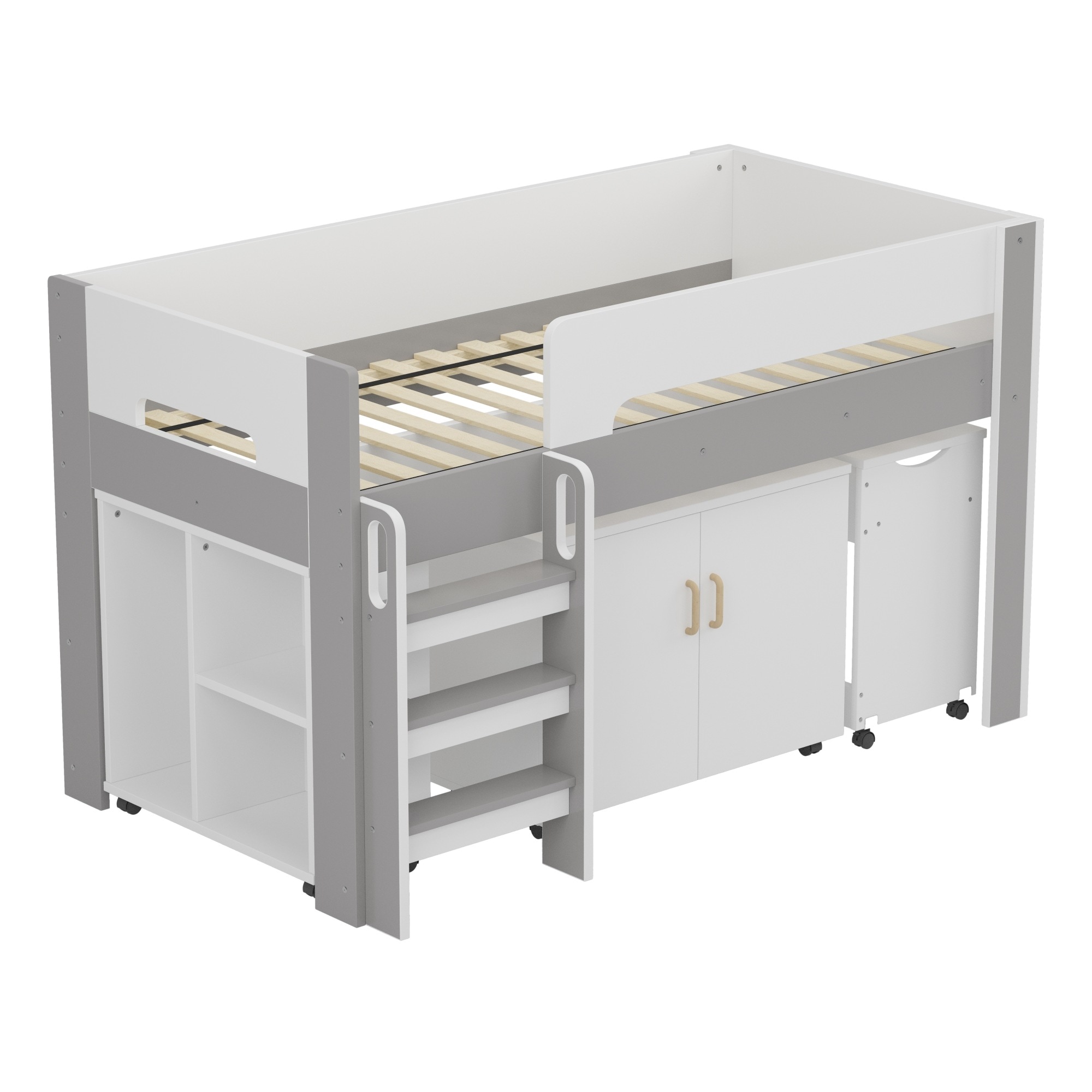 【即日発送】システムベッド ロフトベッド 階段付き S 木製 高さ120cm シングル ベッド ロータイプ ベッド デスク 本棚 机付き 学習机 コンパクト 本棚付き 収納 大人 一人暮らし ホワイト