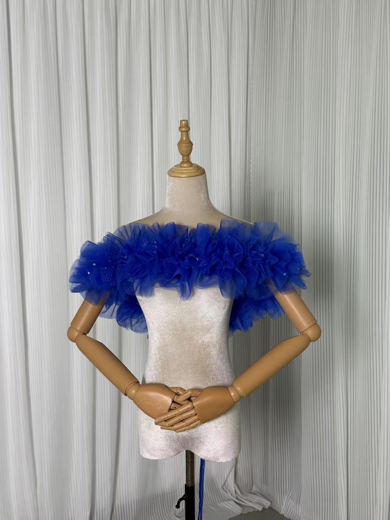 オフショルダー ジュエルブルー キラキラチュール ハンドメイド ビジュー 前撮り