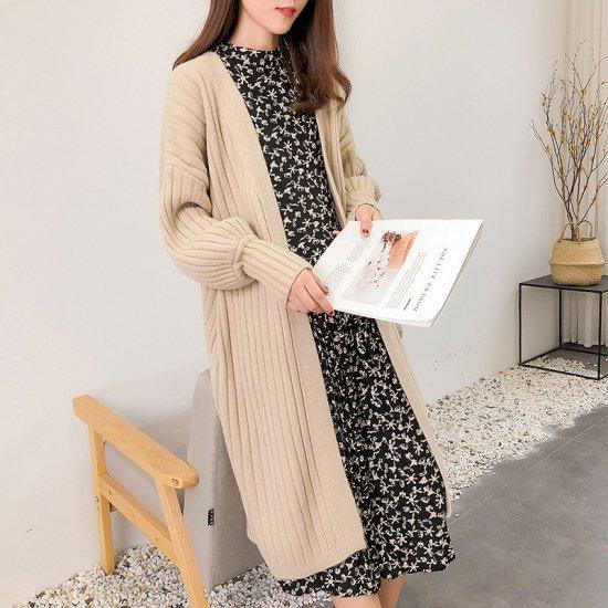 ニットカーディガン レディース 秋冬 秋 ロングニットカーディガン リブニット ロングニットカーディガン 長袖 ミディアム ロング カーデ ロングカーデ リブ ボリューム袖