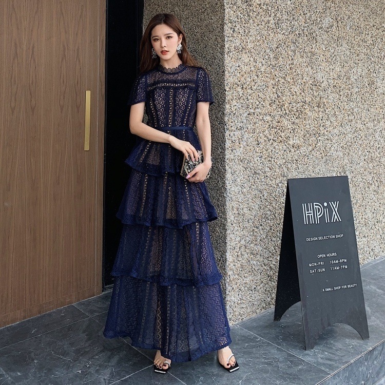 ドレス パーティードレス ティアード 総レース マキシ 半袖 ハイネック フレア スリム 細身 Aライン レース 透け感 シースルー 薄手 シアー 大人可愛い きれいめ シンプル 上品 おしゃれ 9,610円