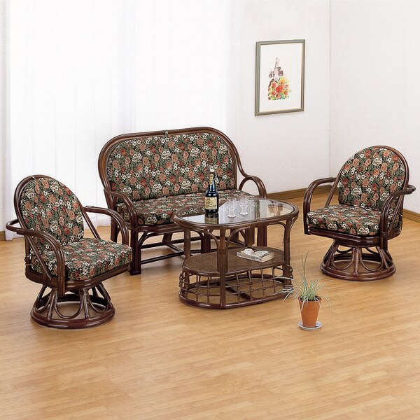 籐 回転座椅子ソファテーブル リビング 4点セット ラタン家具 リビングテーブルセット チェア ソファ 完成品 籐家具 ラブソファー センターテーブル ラブチェア 椅子 アジアン クッション付き