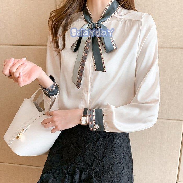 【迅速出荷】 ブラウス レディース 40代 春秋 オシャレブラウス 白シフォンシャツリボンネック 長袖トップス パフスリーブ おしゃれ 上品 通勤OL シャツ30代 新作