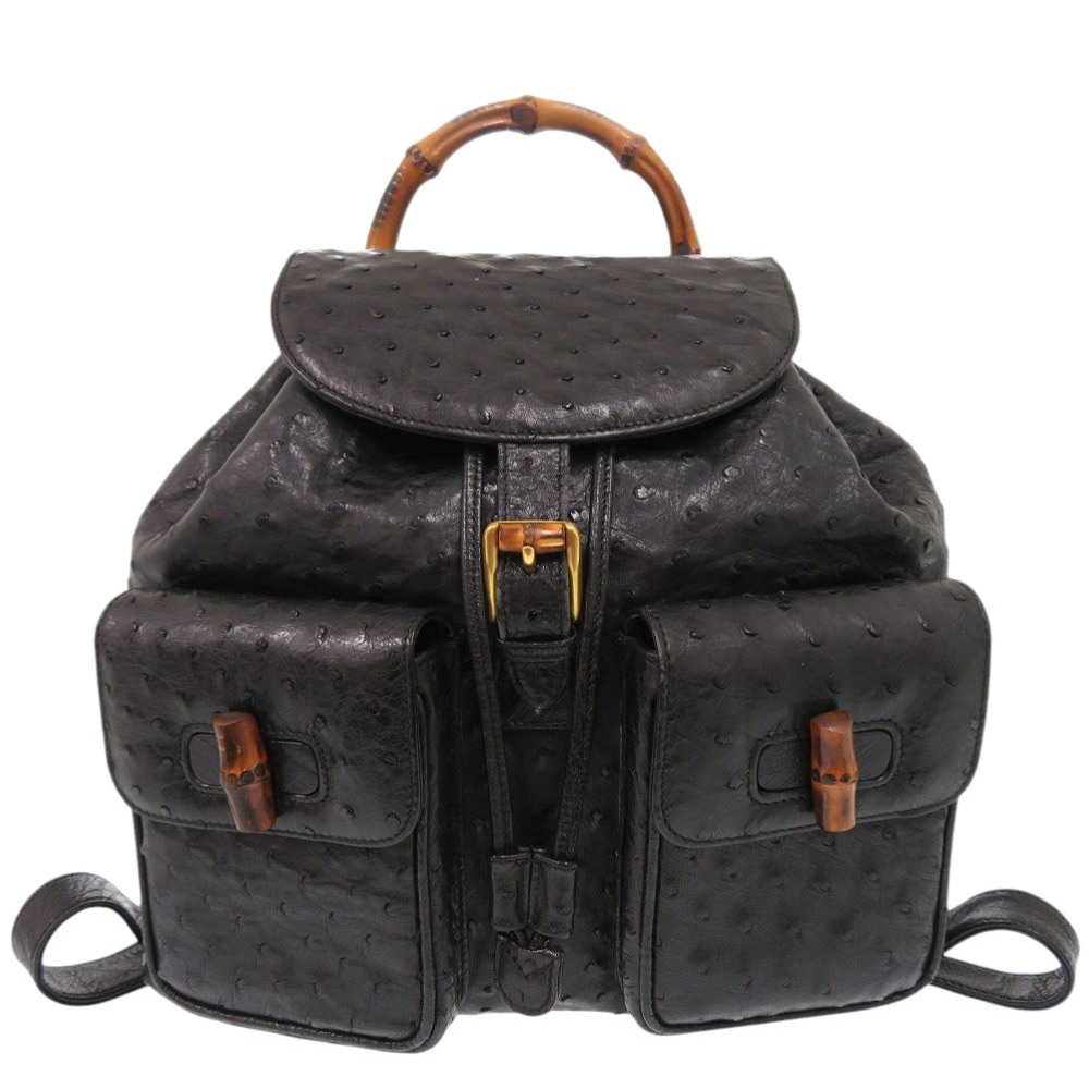 美品 オールドグッチ ヴィンテージ バンブー 003 2058 0016 リュック・デイパック オーストリッチ ブラック 0284【中古】 レディース
