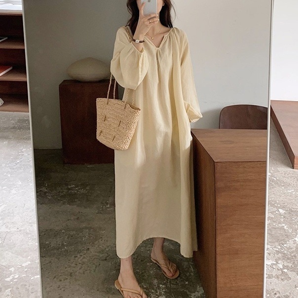 ワンピース レディース ロングワンピース 韓国 フリーサイズ アプリコット ブラック ピンク パープル カラバリ 長袖 無地 キーネック コットン 綿 パフスリーブ マキシ丈 ナチュラル ゆったり