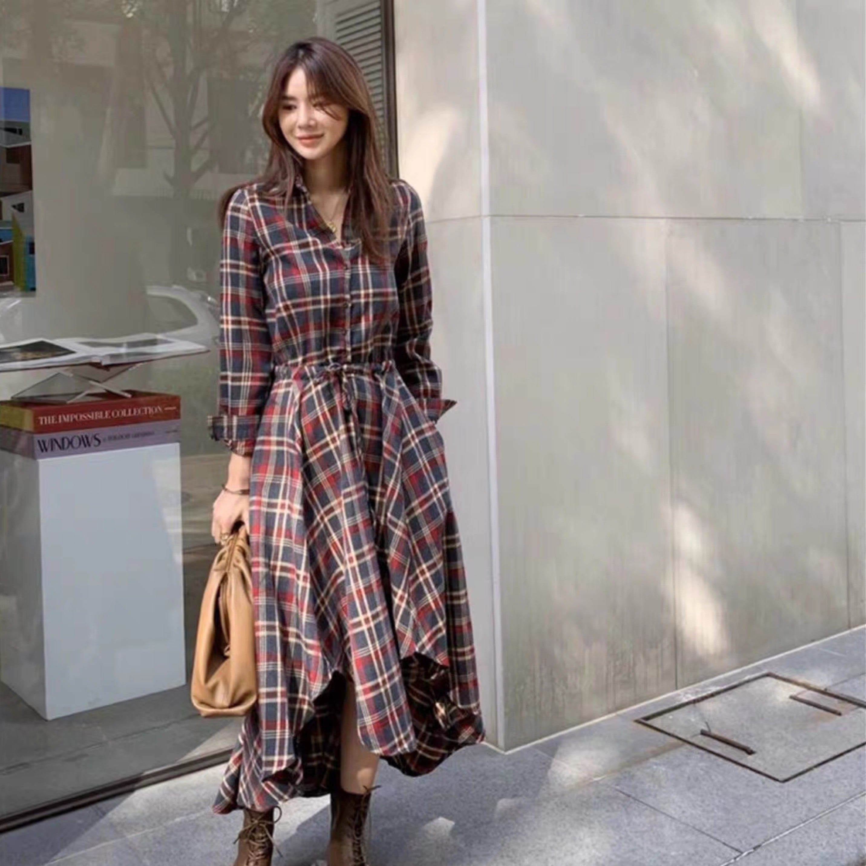 ワンピース レディース シャツワンピース S M L XL 韓国 アシンメトリー 長袖 ポロ襟 Aライン フレア ハイウエスト かわいい 大人可愛い きれいめ シンプル カジュアル 大人 おしゃれ