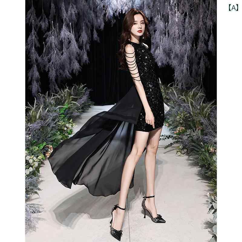 ドレス　パーティー　レディース 黒の イブニングドレス スパンコール 年次 総会 魅惑的 高級 ホスト パーティー 重厚