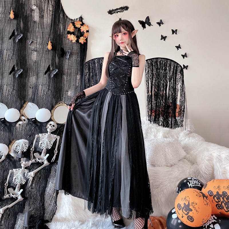 ハロウィン大人コスチュームヨーロッパとアメリカのパフォーマンスダークゴシック堕天使ゴースト花嫁吸血鬼パフォーマンスコスチュームロングスカート