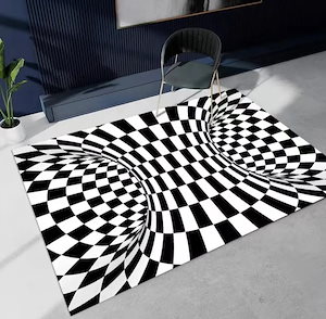 Black and White Checkered Carpet Living Room Bedroom Coffee Table Mat 3D Geometric Black 50x80cm