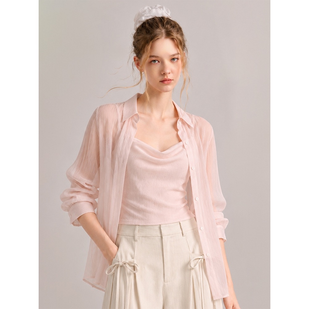 Tweedya Lovie シアークリンクルキャミソールレイヤードシャツセットピンク
