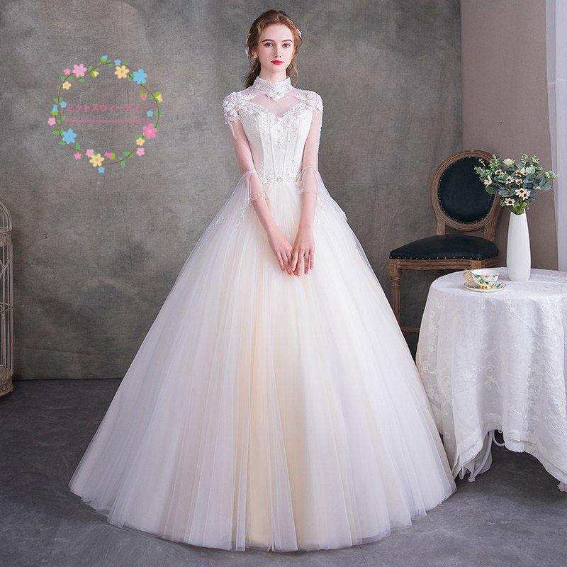 ウェディングドレス 花嫁 ウエディングドレス 白い 袖あり ブライダル wedding dress 結婚式 プリンセスラインドレス 二次会 パーティードレス フォーマル
