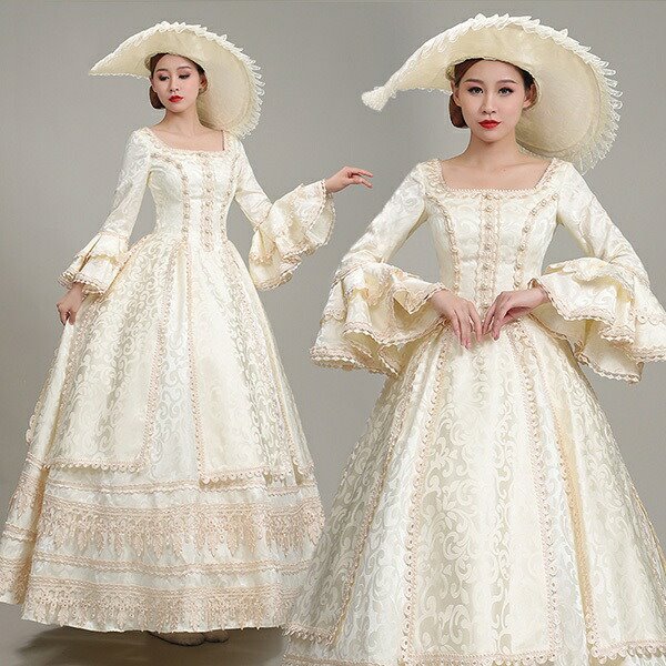 ロングドレス 貴族ドレス お姫様 中世ヨーロッパ ステージ 袖あり サーキュラーカフス 衣装 貴婦人 スクエアネック 帽子付き 演奏会 舞台衣装 ゴージャス オペラ イベント プリンセスライン ワンピ