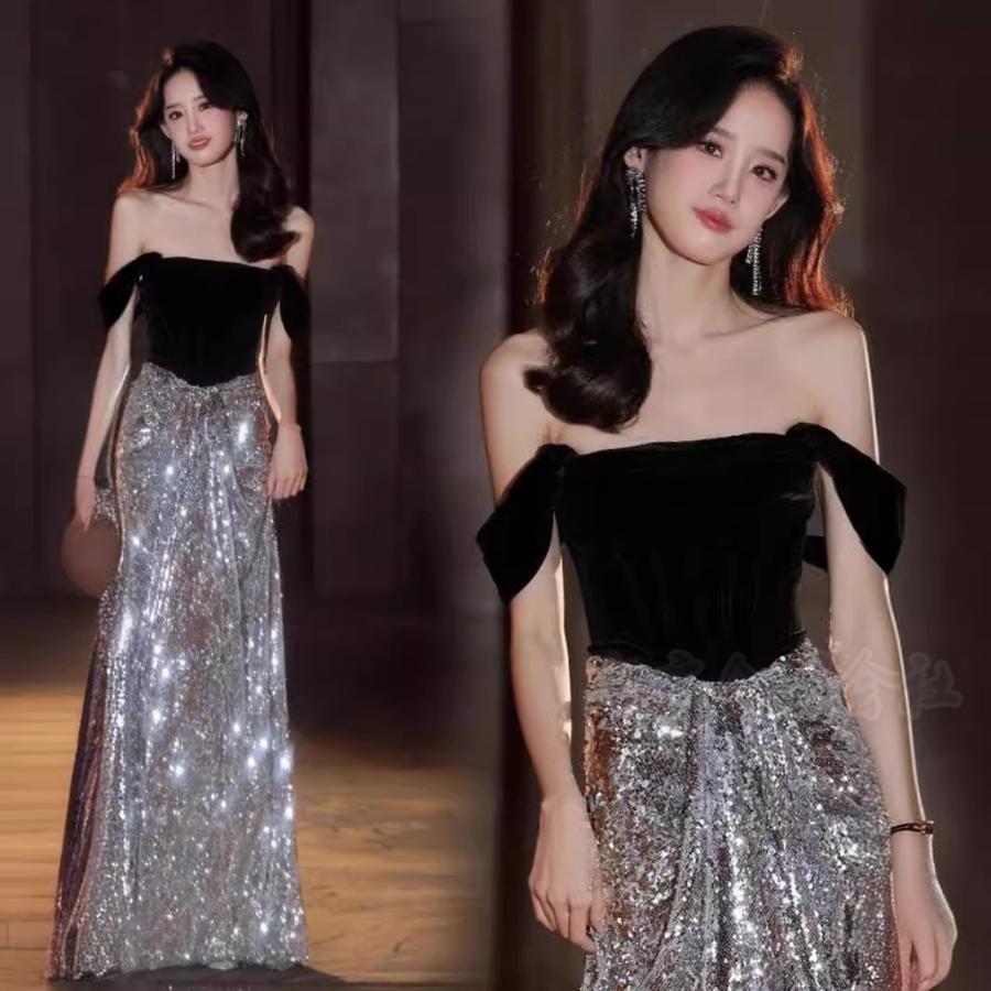 新しい秋のスタイル スパンコール キラキラドレス ロング丈 パーティドレス ナイトドレス イブニングドレス タイト オフショルダー ドレス 発表会 結婚式 キャバ 二次会 お呼ばれ Lucky Sho