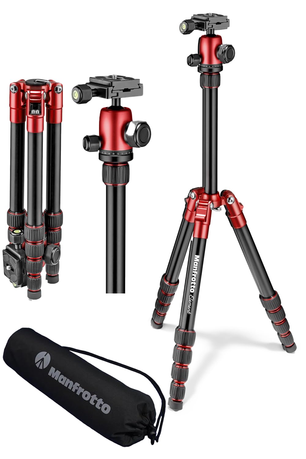 マンフロット(Manfrotto) Element トラベル三脚 スモール レッド アルミ 5段 MKELES5RD-BH 耐荷重6kg 最高143cm 軽量1.15kg コンパクト32cm ケース付