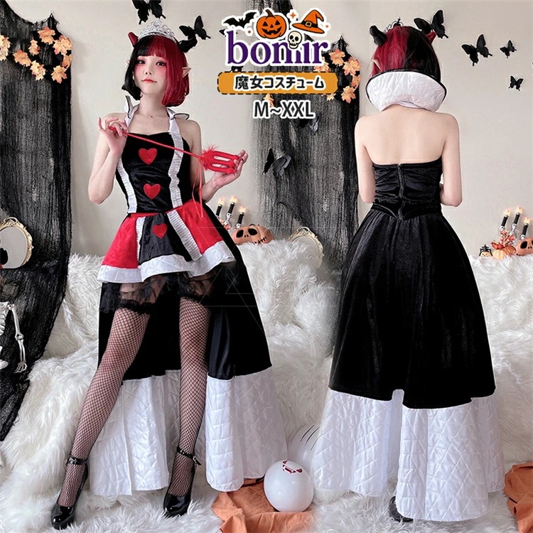 レディース ハロウィン コスプレ ハート 女王 セクシー 大人っぽい 宮廷風 悪魔 ブラック ホワイト レッド ホルターネック ワンピース 王妃風 ヨーロッパ 網ストッキング コスチューム おしゃ