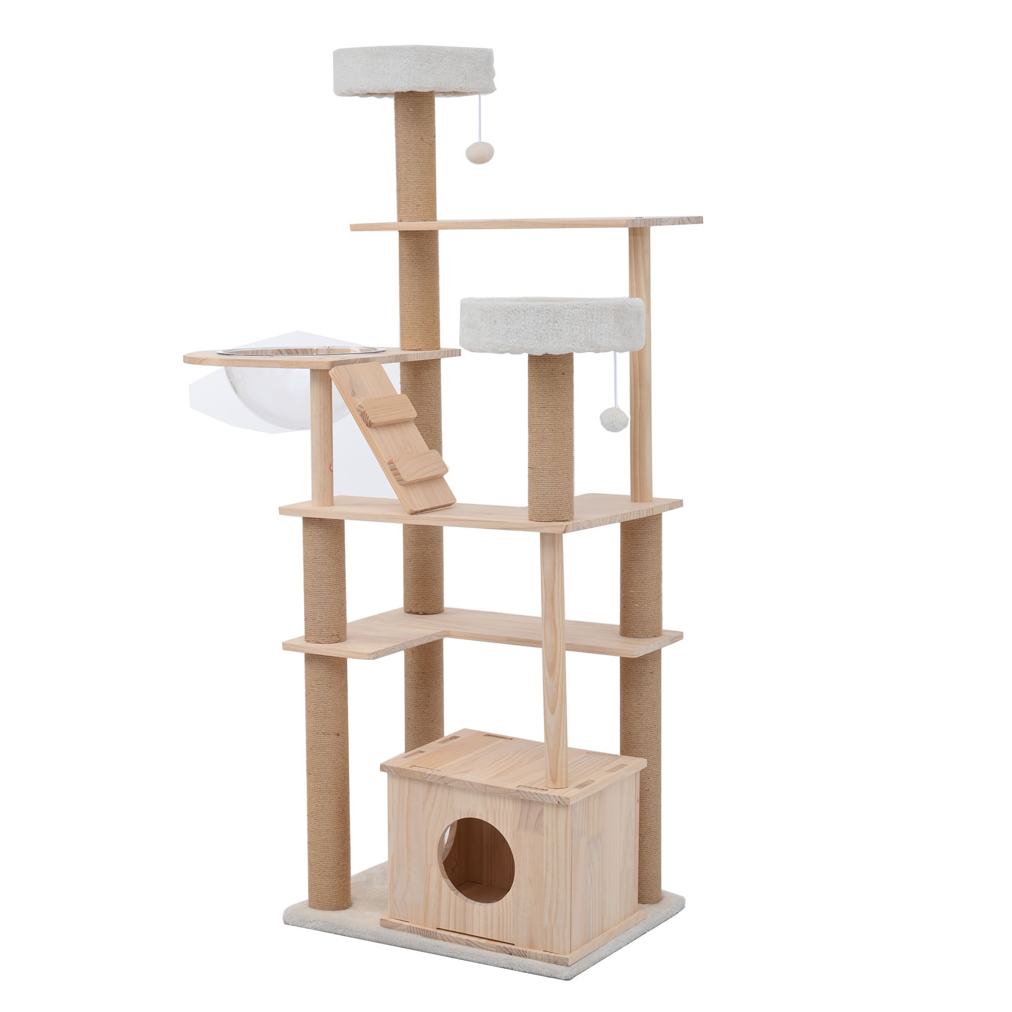 [国内即発送]キャットタワー 猫タワー 天然木製 宇宙船付き 麻紐支柱 爪とぎ おもちゃ付き 安定感抜群 ペットハウス 上りやすい クリアボウル 省スペース 多頭飼い 角丸 据え置き型 ペット用品 お