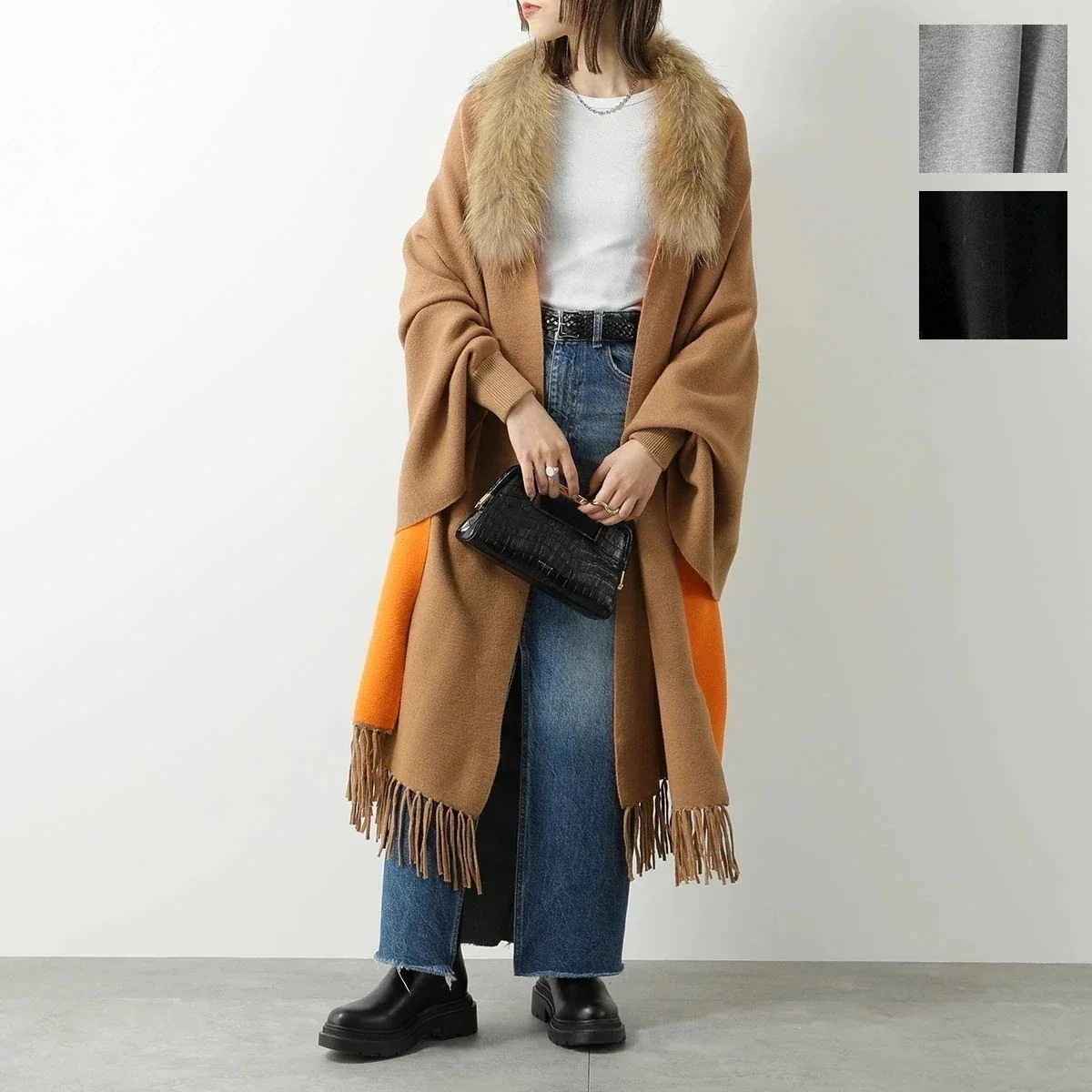 VLAB Laboratorio N.5 ヴィラボ ケープ GIFT FW36675 870 レディース ポンチョ コート フリンジ ファー付き バイカラー カ