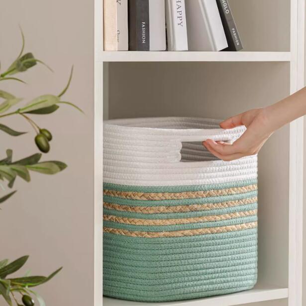 お买い得 大きな綿のロープバスケット ランドリーバスケット織りバスケット毛布バスケット 収納バスケット 子供用品収納 おもちゃボック タオル収納 綿布ロープバスケット折り畳み式 33cm×33cm×3