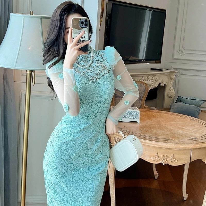 【JY.上品】 春 宮廷風 スタンド襟 ワンピース 透かし彫り レース ロングワンピース パーティードレス キャバ 着痩せ 大人 同窓会 披露宴 卒業式 結婚式 演奏会 ウェディング 二次会 発表会