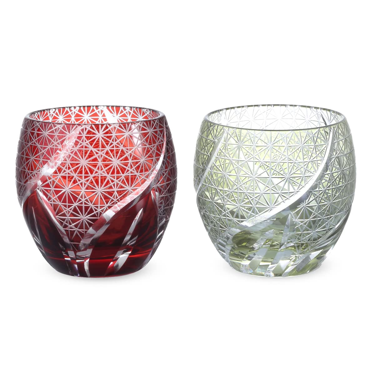 J-kitchens 切子 ペア エッグ型 グラス カップ 日本酒 おちょこ Φ5.5×5.9cm 100cc 乱彫小紋 レッド & グリーン 底彫あり No755575