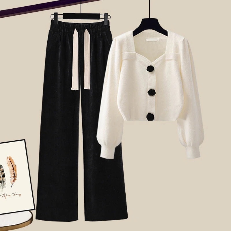 ハイエンドのカスタマイズ-小柄な方向けの胸元タイプの衣装秋のスーツ女性の秋の小さな香りのセーターエレガントなレディライクなワイドパンツ2点セット