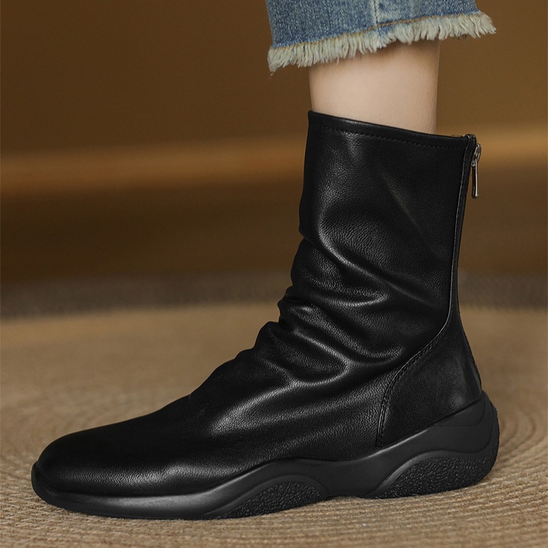 歩きやすいくしゅくしゅラムレザースニーカーブーツ　ショートブーツ　レディース　羊革　美脚　防寒　裏起毛　シューズ　ブーツ　靴　秋冬　春　疲れにくい　スクエアトゥ