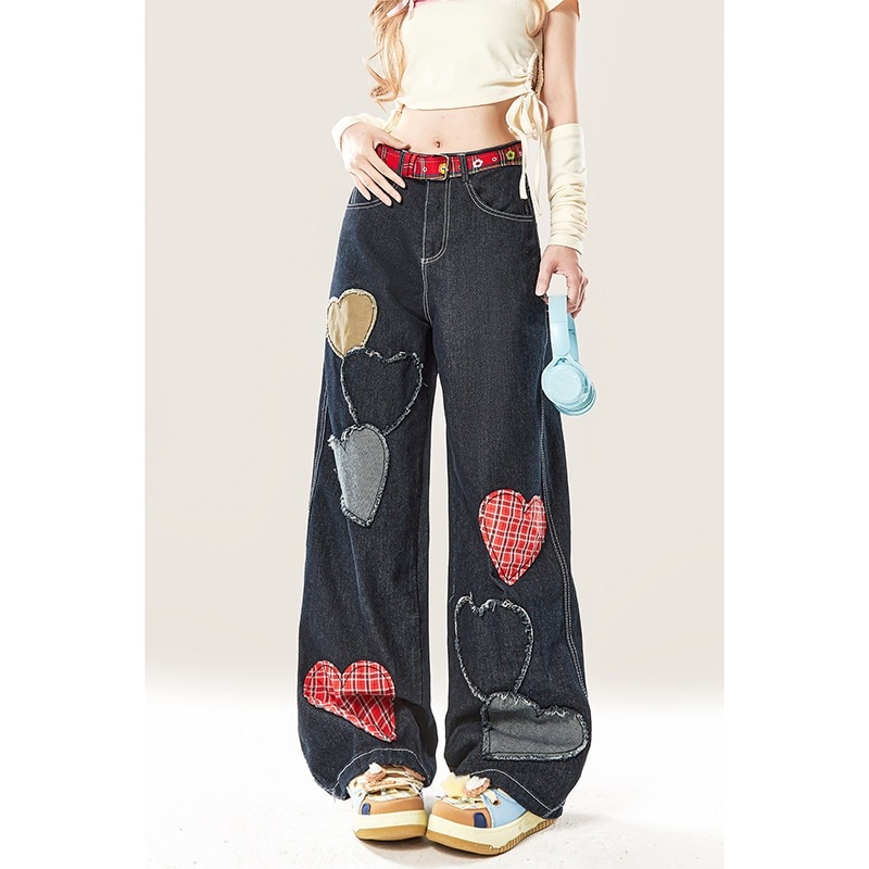 愛のパッチ黒の広脚ジーンズ女性夏の薄い小柄なアメリカ式高腰ストレートゆるいズボン 5,554円