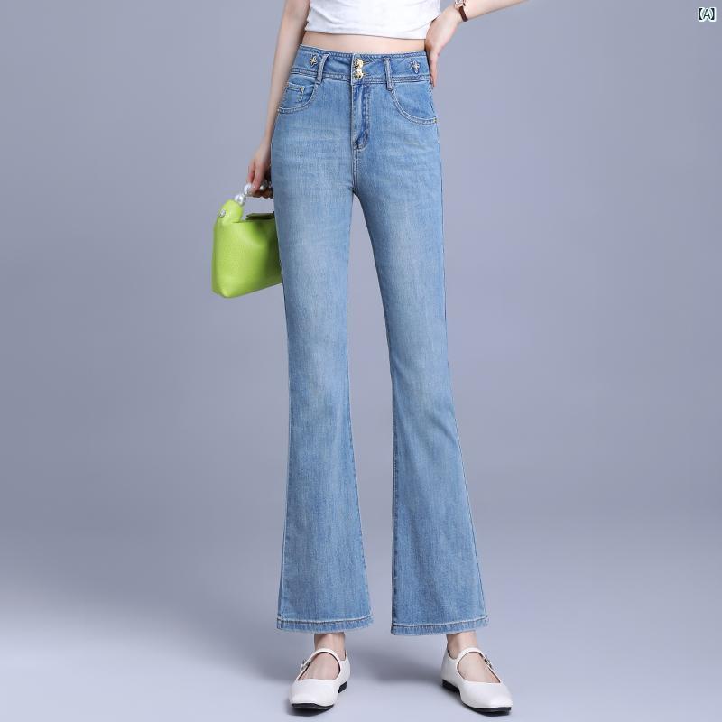 ライト カラー レディース ブーツ カット ジーンズ 夏 ハイウエスト スリムフィット ベルボトムパンツ 背 高くて 九分丈 パンツ